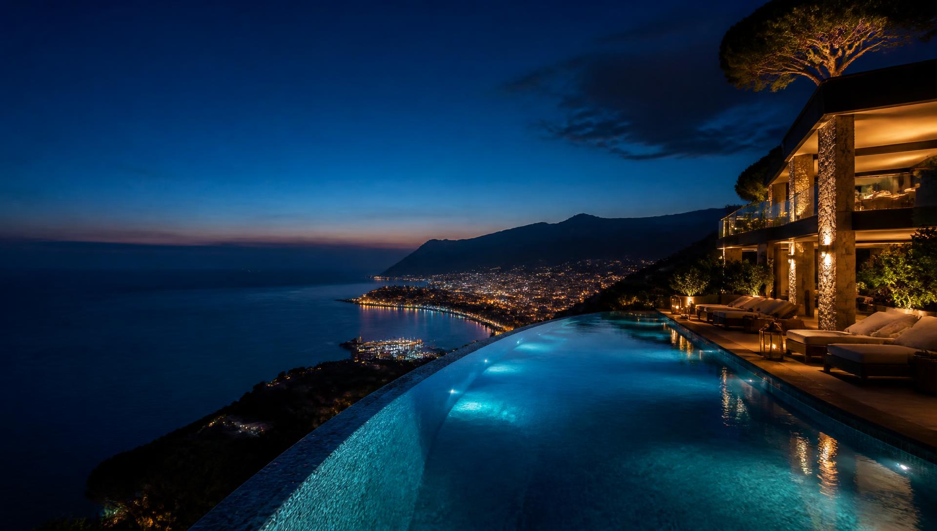 Luxury coastal resort at blue hour